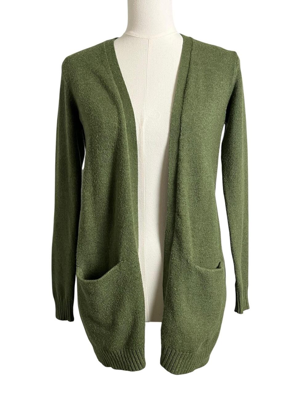 VILA Cardigan Sweater Womens XS Green Open Front Knit Pockets Fall Layer Cozy